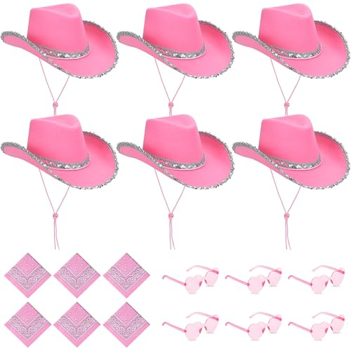 YFNVH 18 Stk Cowboyhüte Rosa Set für Damen, Cowgirl Kostüm Zubehör mit Glitzer Westernhut, Herz-Sonnenbrille und Bandana Ideal für Halloween Karneval, Geburtstag, Western Mottoparty, JGA(Rosa)