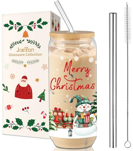 Joeyan 600ml Weihnachtsgläser,20 oz Weihnachten Schneemann Trinkgläser mit Deckel und Strohhalm, Weihnachtsbecher für Matcha Eiskaffee Smoothie Bubble Tea Bier, Schöne Weihnachtsgeschenke