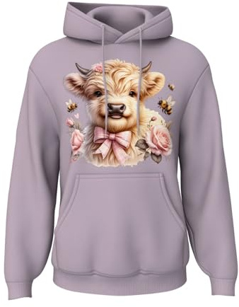 Printshirts Baby Highland Cow Hoodie – Cute Highland Cow with Pink Bow Design, Soft Farm Animal Hoodie for Women, Cozy Country Style Hoodie (UK, Alpha, M, Regular, Regular, Lilac)