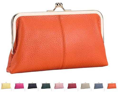INLANDSIS Vintage Kiss Lock Geldbörse für Damen, Echtleder, Kartenhalter mit Mehreren Kartenfächern, Münzbörse mit Münzfach mit Reißverschluss (Orange)