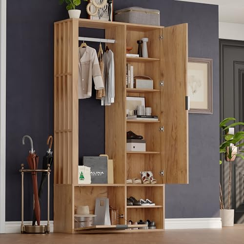DACHETOU Armadio guardaroba 100 x 190 cm, con corridoio, 6 in 1, per appendere cappotti, corridoio, con stendibiancheria, specchio, larghezza armadio con porta inferiore, colore legno