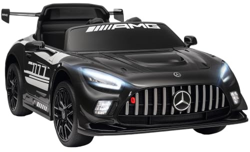 AIYAPLAY Kinder Elektroauto Mercedes-AMG 12V 2 Motor für 3-8 Jahre Schwarz | 2,4GHz Fernbedienung, Kabellose Musik, Kinderfahrzeug, LED-Leuchte, Hupe, Sanftstart, Stützräder, Zugstange