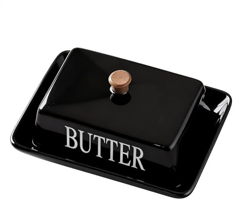 Black Ceramic Butter Dish with Lid,Butter Keeper for Butter Block, Glaze Under Technique Butter Dish, Dishwasher Safe & Easy to Hold, French Dish for Kitchen Countertop