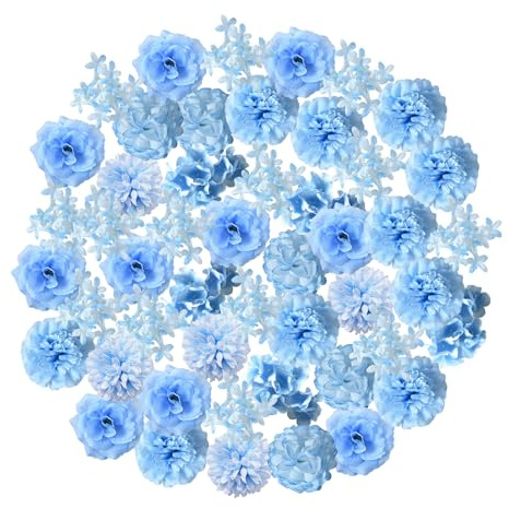 Zhixan 50 Stück Blaue Kunstblumen, Größe 3-12 cm, Kleiner Stiel, Mix Blüten | Künstliche Blumen Köpfe, zum Basteln, für DIY Kranz, Hochzeit, Deko & Tischschmuck