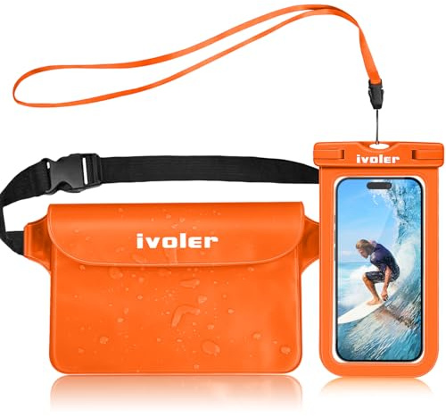 ivoler [2 Pack Waterproof Phone Case & Pouch Set, IPX8 Dry Bag with Waist Strap for Beach, Swimming, Kayaking, Fits iPhone 17 16 15 Pro Max, Samsung S26 S25 Ultra, Up to 7.0 - Warm Orange