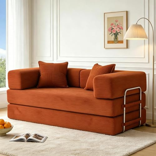 Vipbear 160cm Sofá Cama, Modular Desmontable Plegable 5 en 1, de Pana de Primera Calidad, Sofá Cama 2 Plazas Ideal para Espacios Reducidos, Naranja