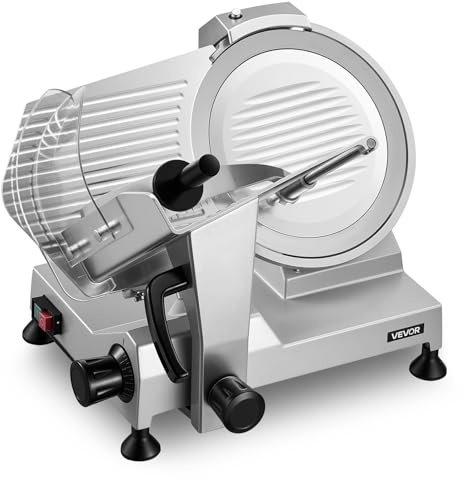 VEVOR Cortafiambres Eléctrico 400 W, Cortadora de Carne Comercial con Cuchilla de Acero al Carbono de 30 cm y bandeja para alimentos, Grosor Ajustable de 0-15 mm para Carne, Jamón, Baguette, Filete