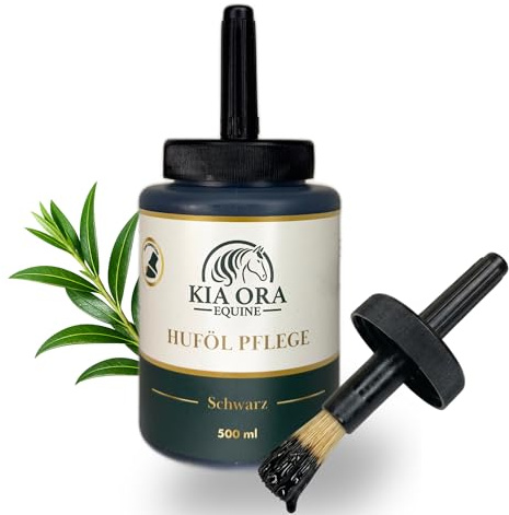 Kia Ora Equine Huföl Black mit Teebaumöl 500 ml – Huföl für Pferde mit intensivem dunklem Glanz – antibakterielle Hufpflege für empfindliche & trockene Hufe inkl. Pinsel