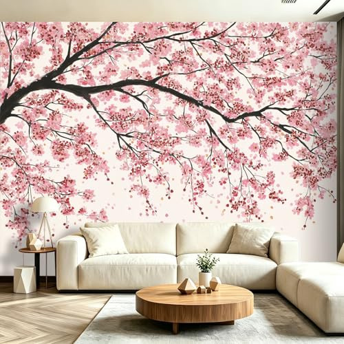 Bianco Murales 250 x 175 cm（WxH), Minimalismo Piante Fiori Di Ciliegio Carta da Parati in Tessuto Non Tessuto Traspirante per Camera da Letto Camera Da Letto Soggiorno - Parete Resistente e Facile