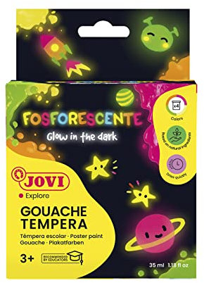 Jovi Plakatfarbe nachtleuchtend, malfertige Tempera die im dunkeln leuchtet, 4 Farben je 35 ml