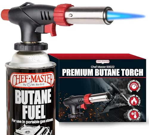 Chef Master Butane Torch Lighter, Refillable Kitchen Torch, Cooking Torch, Adjustable Flame for Creme Brulee, Desserts, BBQ, Crafts, Soldering, Indoor & Outdoor Use - Butane Not Included Model 90022