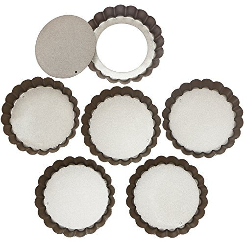 webake Stampo Crostata con Padelle Antiaderenti Teglia per Crostata in Crosta con Base Sciolta Base di Sollevamento in Acciaio Color Argento, Rivestimento Antiaderente - Set da 6, 10cm