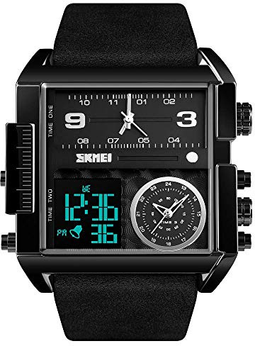 Gosasa Reloj deportivo digital cuadrado de cara grande para hombre, reloj de pulsera de cuarzo analógico LED con múltiples zonas horarias, resistente al agua hasta 50 m, Reloj negro completo, big,