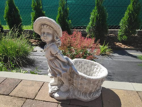 Ornamento da Giardino in Pietra, Statuetta Vintage di Greta con Vaso di Fiori