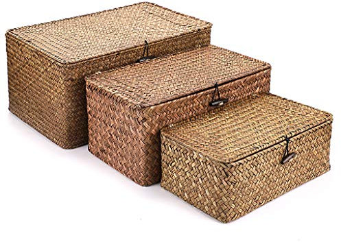 Hipiwe Set of 3 Natural Seagrass Storage Baskets with Lid - Large Handwoven Wicker Storage Bins Rectangular Household Organizer Boxes Shelf Wardrobe Organizer, Coffee