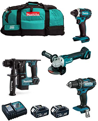 MAKITA Kit MK401 (Taladro Atornillador DDF482 + Martillo DHR171 + Mini-Amoladora DGA504 + Atornillador de Impacto DTD152 + 2 Baterías de 5,0 Ah + Cargador + LXT600)