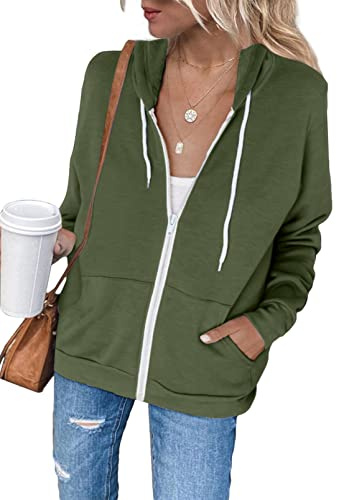 Uusollecy Sweatjacke Damen, Langarm Full Zip Hoodie Sweatshirt, Casual Loose Einfarbig Kapuzenjacke, Reissverschluss Kapuzenpullover Sweatshirt mit Kapuze Grün M