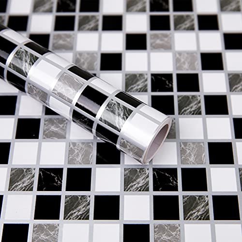 Hode Fliesenaufkleber Mosaik Fliesen Folie 44X500cm Schwarz und Weiß Möbelfolie Selbstklebend für Küche Badezimmer Bad DIY Dekorfolie Wasserdichtes Vinyl Tapeten