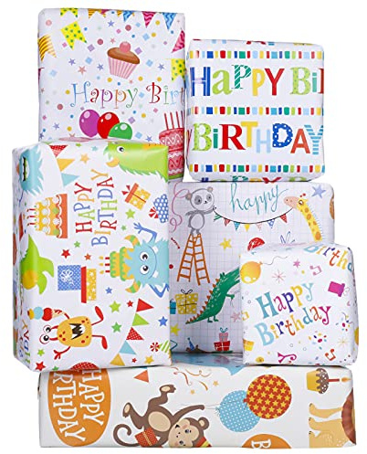QINREN Kinder Geschenkpapier, 6 Stück 70 cm x 50 cm, Bunt Tiere für Kindertag Festival Party
