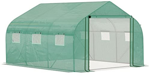 Outsunny Serra per Orto a Tunnel in PE e Acciaio, Serra da Giardino con Porta Avvolgibile e 6 Finestre, 3.5x3x2m