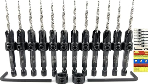FTG USA 12 Pc #6 (9/64) Countersink Drill Bit Set for Wood with Tapered Drill Bit