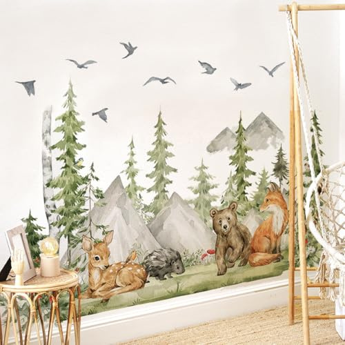 WandSticker4U®- [Aquafarben] Wandtattoo WALDTIERE Kinderzimmer XXL (150x96 cm) I Wandsticker Baum Reh Fuchs Bär Dschungel Tiere I Wanddeko Kinderzimmer Deko Mädchen Junge Babyzimmer GROß