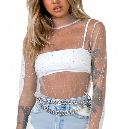 SamHeng Donna Sexy Maglia Trasparente Trasparente Top Camicia a Maniche Lunghe Collo a Lupetto Scintillante Maglietta Basic Top Party Clubwear (Bianco/M)