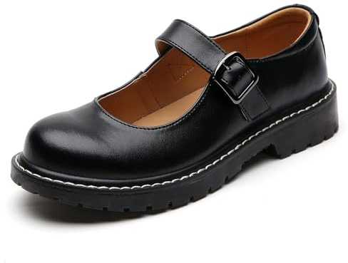 XMM Mary Jane Shoes Women Oxford Shoes Leather Round Toe Flats Non-Slip Ankle Buckle Strap Comfort Casual Dressy Cosplay Party School Work Shoes Black US 7