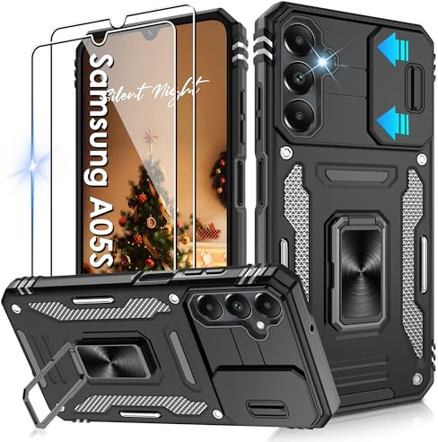 Jshru for Samsung A05S Phone Case with Screen Protector [2 Pack] and Slide Camera Cover,Galaxy A05S Shockproof Protection Case,Ring Kickstand Phone Cover for Samsung Galaxy A05S,Black