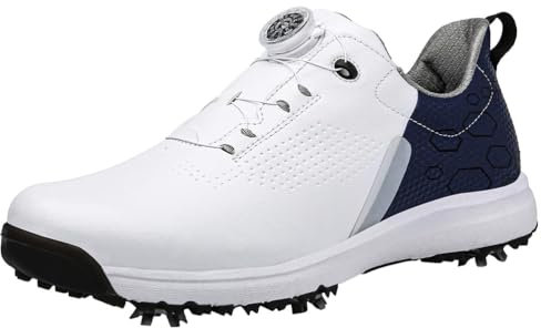 FJJLOVE Herren Golfschuhe Stachelleder Slip-On Golf Walking Sport Sneakers wasserdichte Bequeme Spikes Golftrainer,Blau,43 EU
