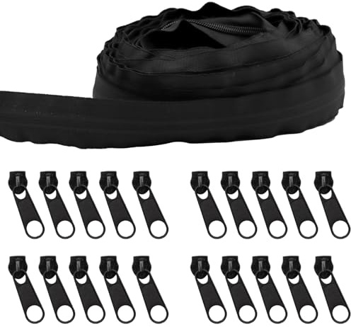 ZYNERY 14m Fermeture Eclair au Metre, Fermeture Eclair Séparable avec 20 Curseurs, Fermetures Éclair en Nylon, Kit Réparation Fermeture Éclair, Couture Accessoires pour Couture, DIY Vêtements (Noir)