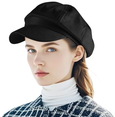 Yoolhamy Chapeau Newsboy pour femme vintage classique octogonal cabbie casquettes réglables tendance protection solaire chapeaux visière, noir, Taille unique