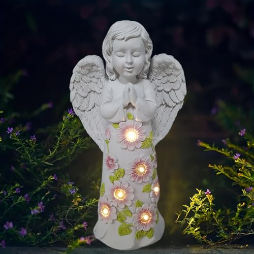 FIYSON Solar Engel Gartenfiguren, Betend Flügel Engelfigur, LED-Schutzengel-Figur, Wetterfest Fairy Engel GartenDeko, Solar Grablicht Outdoor Dekor, für Haus,Hof,Terrasse,Veranda,21x11cm
