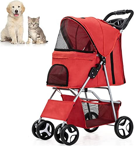 Windmilne Poussette pour Animaux de Compagnie, Poussette à 4 Roues pour Chat et Chien avec Panier de Rangement, Chariot de Transport Pliable et léger pour Chien (Rouge)