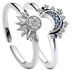 PINK TOWN Sun Moon Ring Set, Stackable Rings for Women Sparkling Gold Sun Ring/Blue Moon Ring Couple Rings Matching Rings as Friendship Best Friend jewelry for Women Men (Silver)