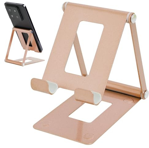 Novstuf Desktop Stand for Phones Adjustable Aluminum Phone Stand Portable Cell Phone Tablet Holder Dock Universal Foldable Cellphone Holder for iPhone iPad Galaxy Samsung Tablets Up to 9.7 In (Gold)