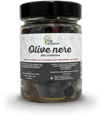 Olive Nere Infornate alla Calabrese - Ideali per Piatti Tipici e Aperitivi - Vasetto da 200g - Val D'Esaro (1 Vaso da 200g)