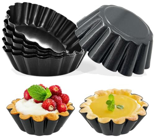 6 Piezas Sharp Molde de Tarta de Huevo, Moldes Mini Tartaletas Acero Carbono, Moldes para Tartaletas Pequeñas, Revestimiento Antiadherente, para Magdalenas, Molde para Tartas, Pudding (Negro)