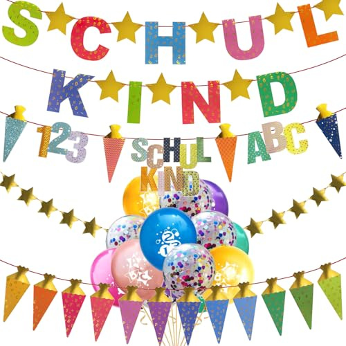 Oblique Unique Einschulung Deko Set - Schulkind & Zuckertüten Girlanden - Sterne Banner - ABC 123 Luftballons für Schuleinführung Schulanfang Dekoration von Jungen und Mädchen