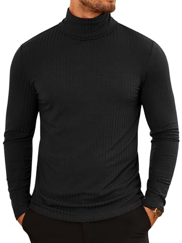 COOFANDY Pulls pour Hommes Hauts à Col Roulé pour Hommes Manches Longues Pull Tricoté Côtelé Léger Pull de Base, Noir , XL