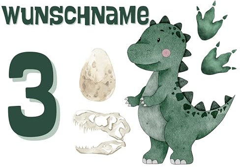 Personalisiertes Bügelbild Set für Textilien,Geburtstag,Wunschname,Wunschzahl,personalisiert,Kinder,Dinosaurier,Dino,Fußspuren,Dinoei,T-Shirts,DIY-Projekte,Geschenke,1,2,3,4,5,6,7,8,9,10...