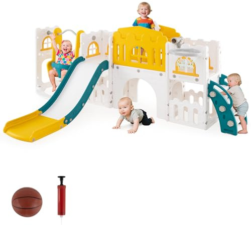 COSTWAY 10 en 1 Toboggan Enfant Pliable en HDPE avec Balançoire & Panier de Basketball, Aire de Jeux Intérieure avec Télescope & Volant & Échelle, Espace de Rangement pour Tout-petits de 1 An+ (Jaune)