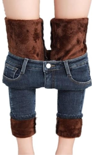 Dam vinter fleece fodrade jeggings hög midja varma smala jeans stretch foder byxor, D7, XL