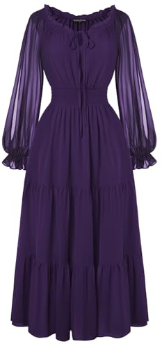 Scarlet Darkness Robe médiévale pour femme à lacets avec manches bouffantes, taille haute, style Renaissance, robe longue, violet, M