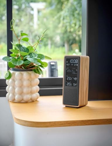 THOMSON Bluetooth 5.3-högtalare och trådlös väderstation, FM-radio, radioklocka, termometer och hygrometer inomhus/utomhus, luftkvalitet, trästruktur - svart - WS102TBK