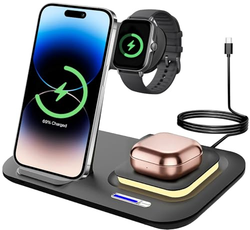 SERIONR Station de Charge sans Fil 3 en 1 Compatible avec iPhone 17 16 15 14 13 12 11 XS 8 Pro Max/Plus, Chargeur Induction pour Apple Watch, Chargeur Pliable Réglable pour AirPods 3 2 Pro (Noir)
