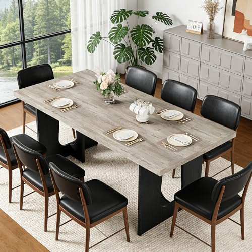 GarveeHome Dining Table for 6-8 People - 71 Modern Long Kitchen Table with Large Tabletop & Heavy Duty Pedestal Legs, Dinner Table for Kitchen, Conference Room, Home, Grey & Black