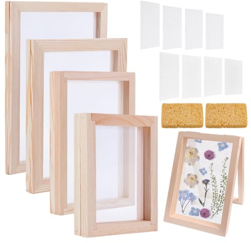 NBEADS 4 Stück 4 Größen 2 in 1 Papierherstellungs-Set, Papierherstellungsformrahmen mit Polyester-Vlies-Mesh-Tuch und Schwamm-Pasuring-Pad für DIY-Papier-Handwerkszubehör(A4 A5 A6 A7)