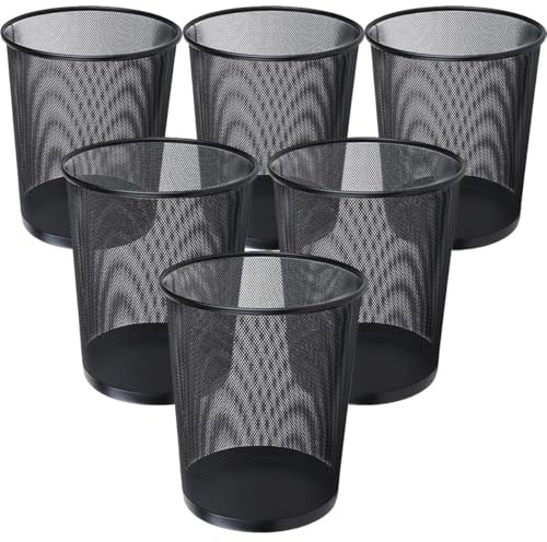 livexa 6 Pack Metal Mesh Waste Paper Bin 12 Litres Lightweight Mesh Wastebasket Waste Bin Black Metal Rubbish Bin for Bedroom, Office, Bathroom, Kitchen (6x Black)