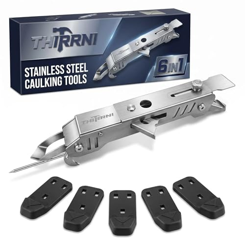 Thirrni Caulking Tool 6 in 1, Stainless Steel Caulk Remover & Sealant Remover Tool with 5 Replaceable Silicone Pads, Silicone Remover Tool for Bathroom Kitchen Shower Sink Tiles